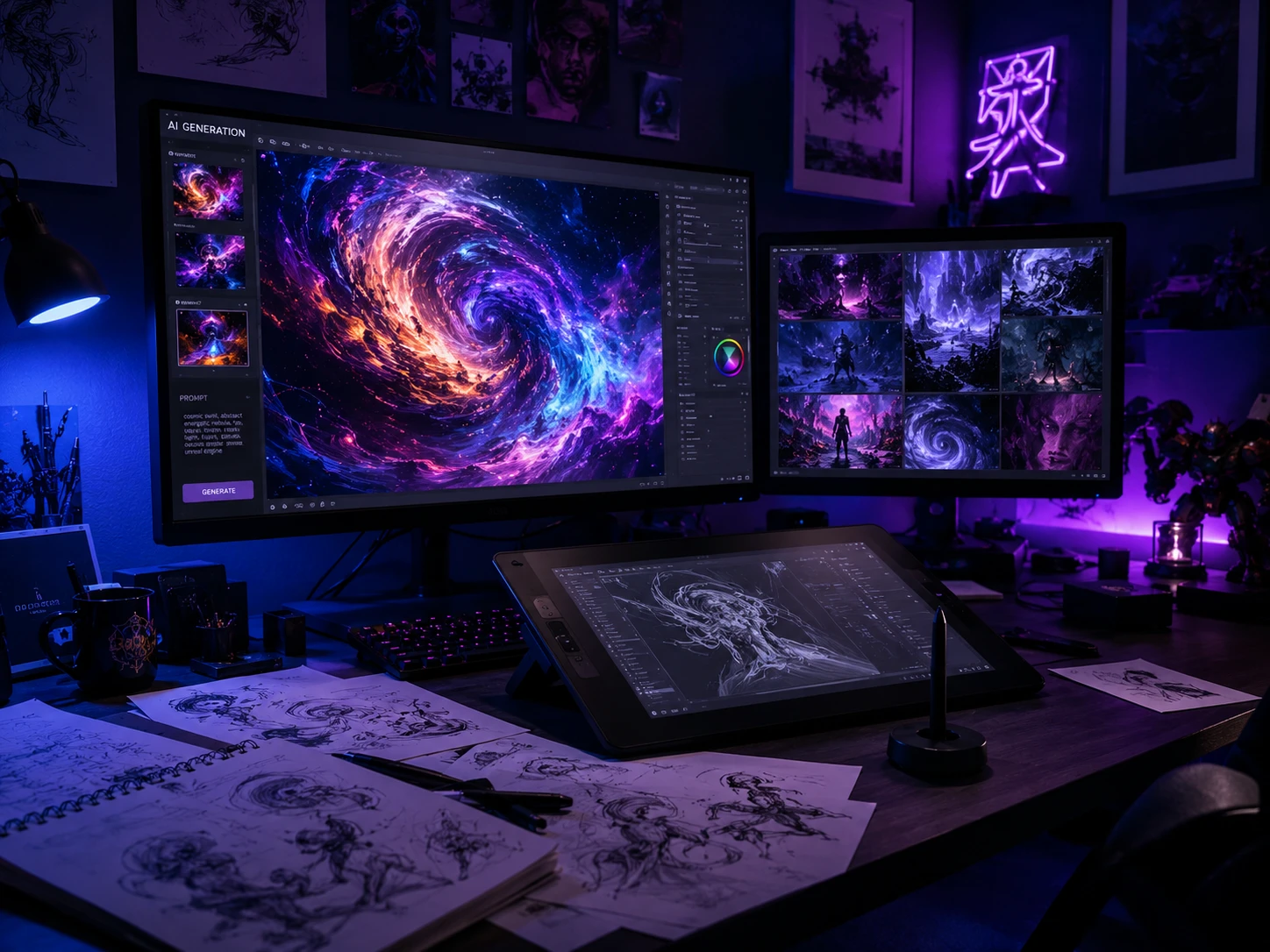 Digital artist reviewing AI-generated artwork on dual monitors in a dark creative studio