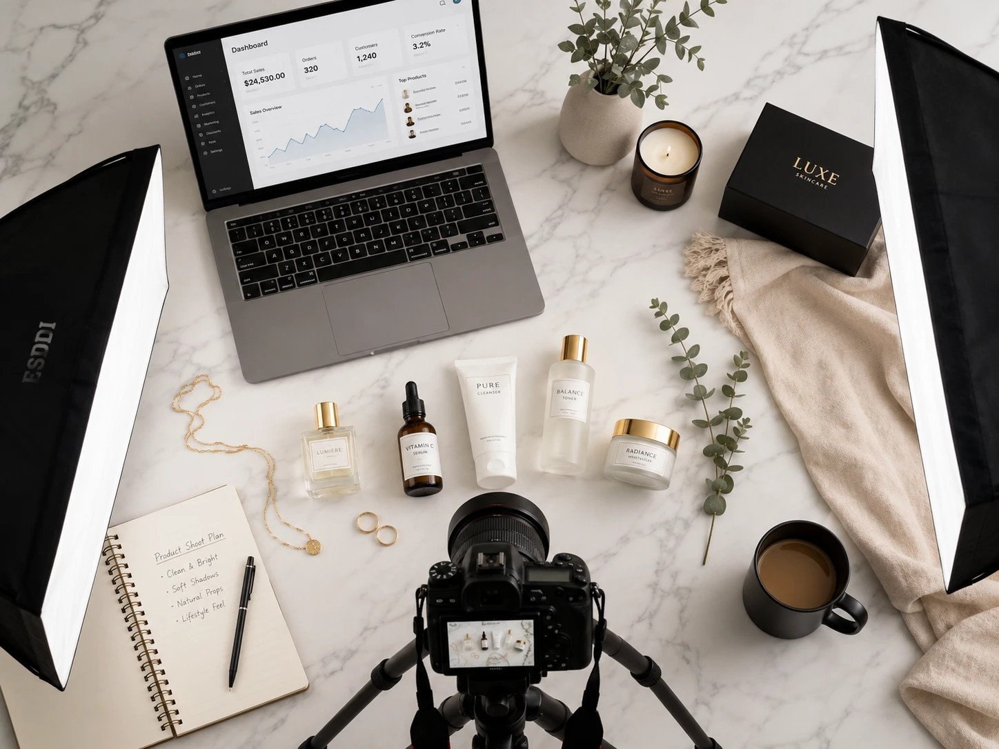 Professional product photography flatlay with skincare items, camera, and e-commerce dashboard