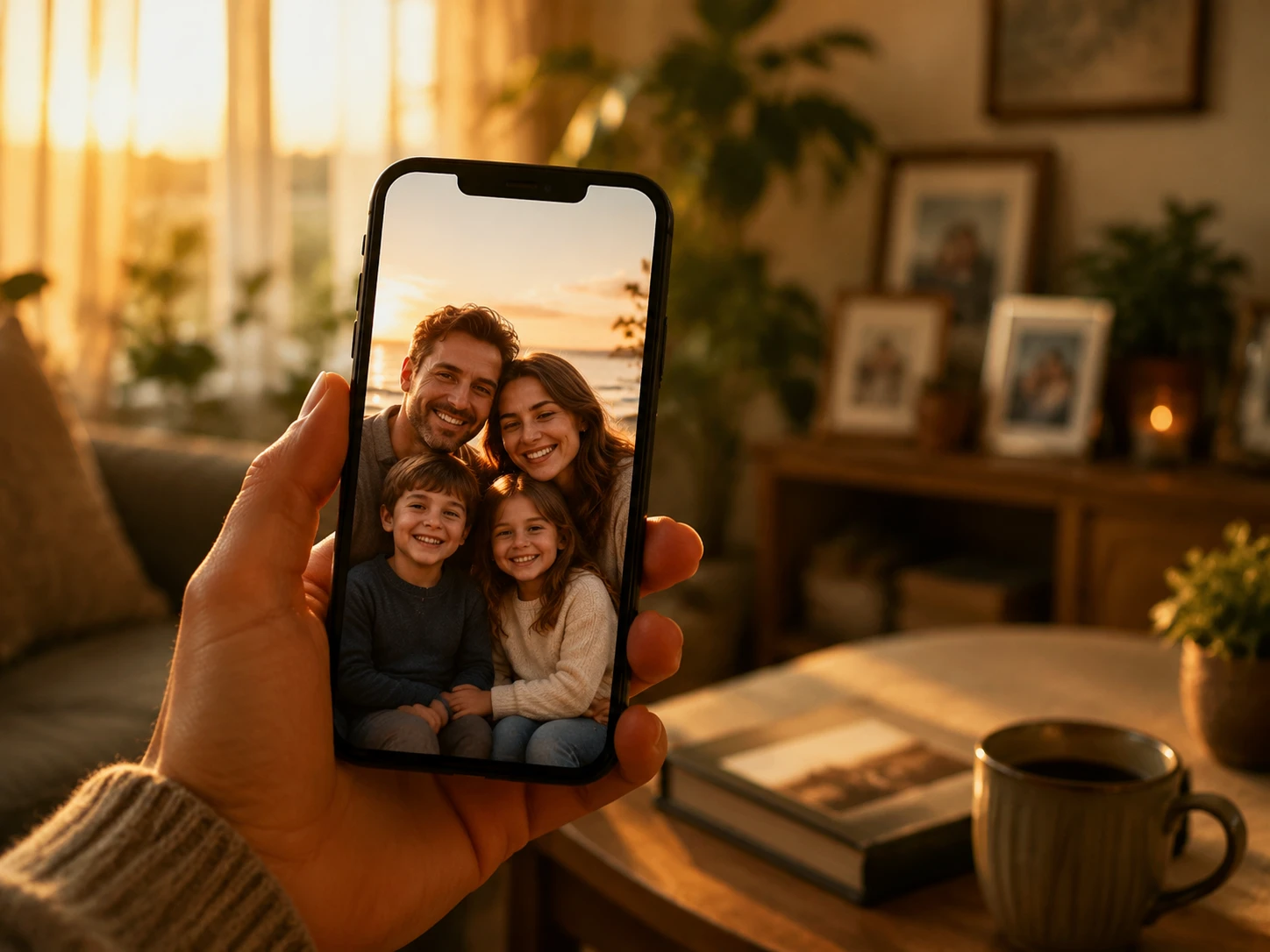 Person holding a smartphone showing a family photo in a cozy living room