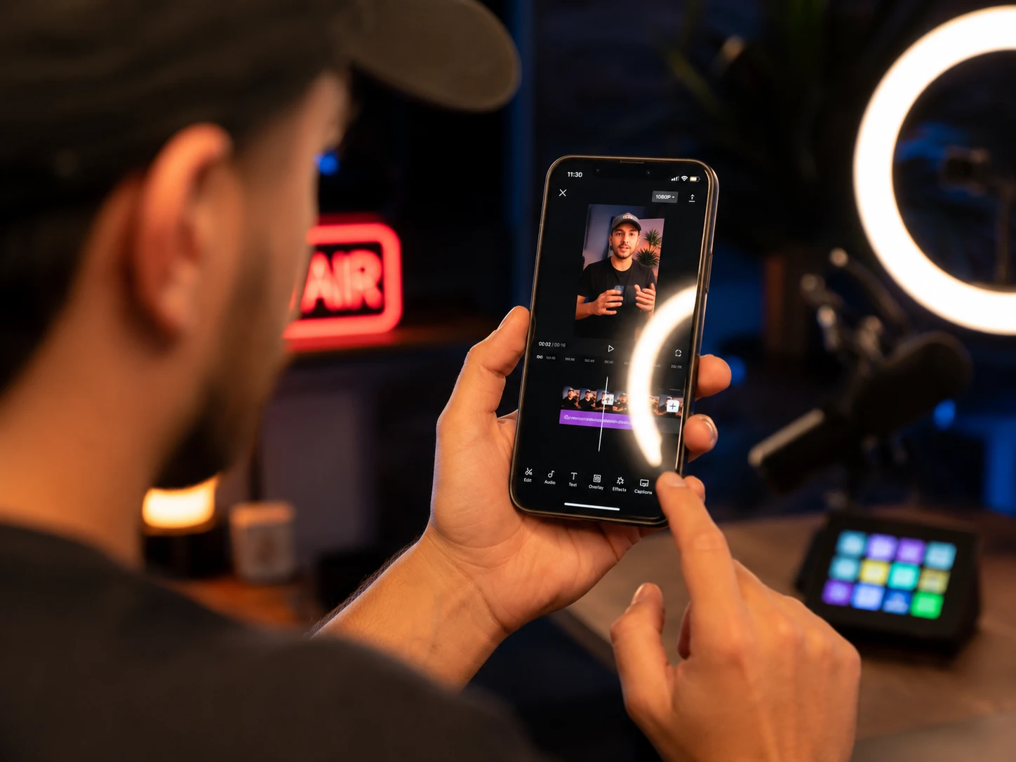 Content creator filming a social media video with a smartphone and ring light